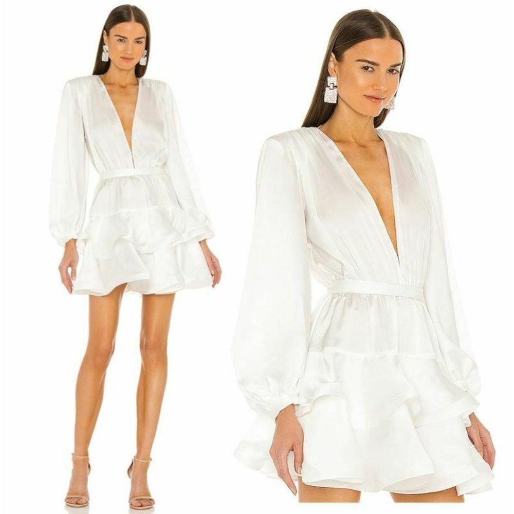 Bronx and Banco White Satin V-Neck Ruffle Mini Dress